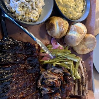 Humo Barbecue - Chico plate with ribs, Half Pulled Pork and Brisket with Humo Street Corn and Hatch Chile Mac & Cheese. - Barbeque Near Me - Las Vegas, Nevada Humo Barbecue - Chico plate with ribs, Half Pulled Pork and Brisket with Humo Street Corn and Hatch Chile Mac & Cheese. - Barbeque Near Me - Las Vegas, Nevada