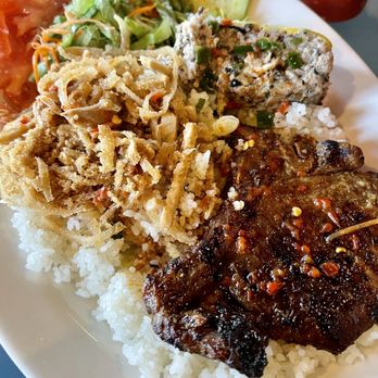 Lieu's Vietnamese Restaurant - Grilled pork chop, shredded pork skin, and egg meat loaf  broken rice dish - Vietnamese Near Me - Fort Worth, Texas