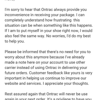 OnTrac - Prompt response from Amazon after I requested that none of my future orders be shipped via OnTrac. - Couriers & Delivery Services Near Me - Sacramento, California