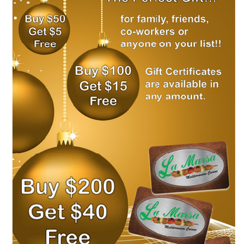 La Marsa Clarkston - Happy Holidays!
Free Gifts Cards Expires by 12/31/2022 ,and redeemable from 01/01/2023 till 02/09/2023 - Mediterranean Near Me - Village Of Clarkston, Michigan
