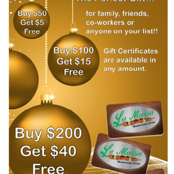 La Marsa Clarkston - Happy Holidays!
Free Gifts Cards Expires by 12/31/2022 ,and redeemable from 01/01/2023 till 02/09/2023
