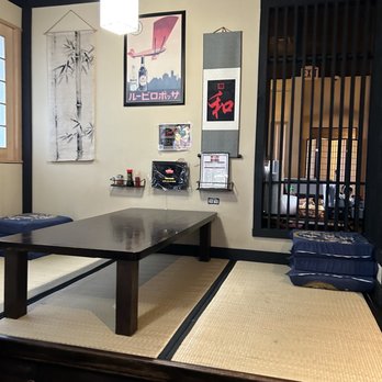Hinotez - Tatami Mat- traditional seated area, sit cross cross on elevated "floor" with tatami mat cover and cushioned seats - Japanese Near Me - San Diego, California Hinotez - Tatami Mat- traditional seated area, sit cross cross on elevated "floor" with tatami mat cover and cushioned seats - Japanese Near Me - San Diego, California