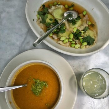 True Food Kitchen - Edamame Dumplings Daily Market Soup - butternut squash - Vegetarian Near Me - Pasadena, California