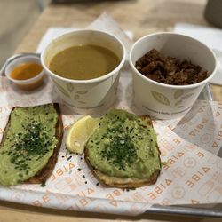 Vibe Organic Kitchen - Broccoli Soup, Avocado Toast on Sweet Potato and Side Jackfruit Carnitas