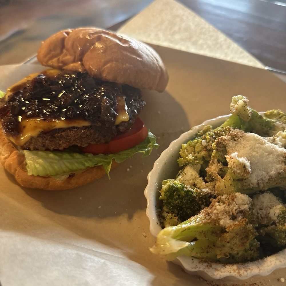 GastroPit-STL - Bacon jam burger and roasted broccoli (veggie of the day) - Barbeque Near Me - St. Louis, Missouri
