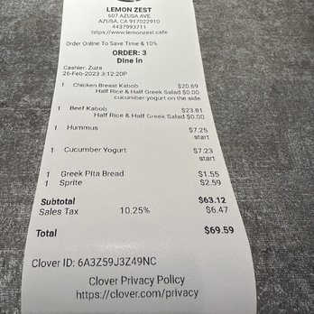 Lemon Zest - We paid with CC and dont see any fees. - Mediterranean Near Me - Azusa, California