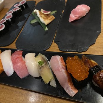 Kata Robata - Top Right: Fatty Tuna Top Middle: Anago Sashimi (saltwater eel) Top Left: Tuna Roll (included with sushi platter) Bottom: Sushi Platter - Sushi Bars Near Me - Houston, Texas Kata Robata - Top Right: Fatty Tuna Top Middle: Anago Sashimi (saltwater eel) Top Left: Tuna Roll (included with sushi platter) Bottom: Sushi Platter - Sushi Bars Near Me - Houston, Texas
