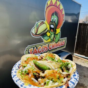 Tacos Chihuas - a plate of tacos on a blue and white plate - Food Trucks Near Me - Denver, Colorado Tacos Chihuas - a plate of tacos on a blue and white plate - Food Trucks Near Me - Denver, Colorado