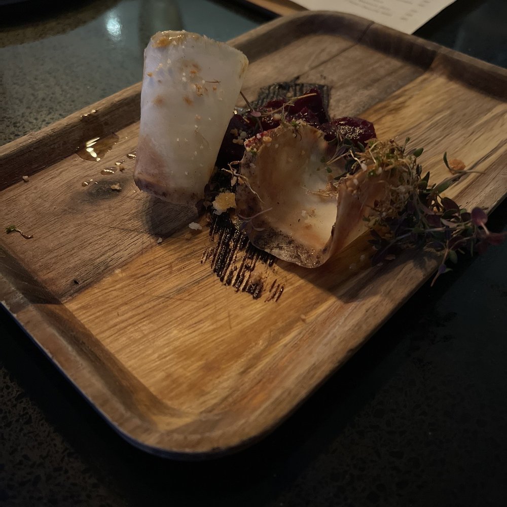 Fern - Amuse with smoked and glazed beets, celery root and black garlic. - New American Near Me - West Palm Beach, Florida Fern - Amuse with smoked and glazed beets, celery root and black garlic. - New American Near Me - West Palm Beach, Florida