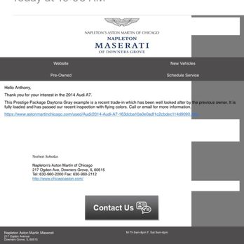 Napleton's Aston Martin - After Perry gives me the "bad news" I receive an email about the car I've already paid for asking if I was still interested in it. - Car Dealers Near Me - Downers Grove, Illinois Napleton's Aston Martin - After Perry gives me the "bad news" I receive an email about the car I've already paid for asking if I was still interested in it. - Car Dealers Near Me - Downers Grove, Illinois