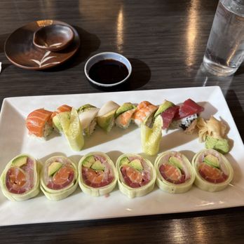 Yuri Japanese Restaurant - Rainbow roll and a rice-free roll (sorry, forgot the name) - Sushi Bars Near Me - Cary, North Carolina Yuri Japanese Restaurant - Rainbow roll and a rice-free roll (sorry, forgot the name) - Sushi Bars Near Me - Cary, North Carolina