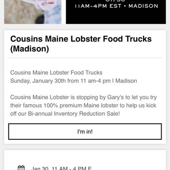 Gary's Wine & Marketplace - Cousins Lobster Truck at Gary's Tomorrow Sunday Jan.30th! - Beer, Wine & Spirits Near Me - Madison, New Jersey Gary's Wine & Marketplace - Cousins Lobster Truck at Gary's Tomorrow Sunday Jan.30th! - Beer, Wine & Spirits Near Me - Madison, New Jersey