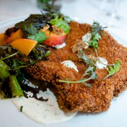 Hazelnut Kitchen - Pork Schnitzel, Herbed Buttermilk, Pickled Peaches, Blistered Shishitos, Spicy Greens