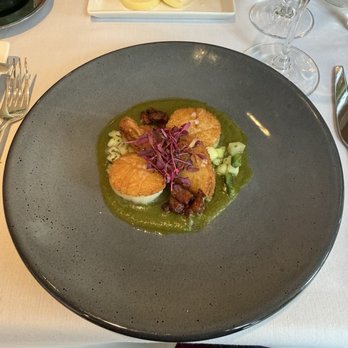 Wildflowers - Appetizer special, Seared Scallops with fried green tomato. - New American Near Me - Verona, New York Wildflowers - Appetizer special, Seared Scallops with fried green tomato. - New American Near Me - Verona, New York