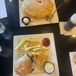 Camera eats first! Chocolate Chip Pancakes and The Bacon Cheeseburger Camera eats first! Chocolate Chip Pancakes and The Bacon Cheeseburger