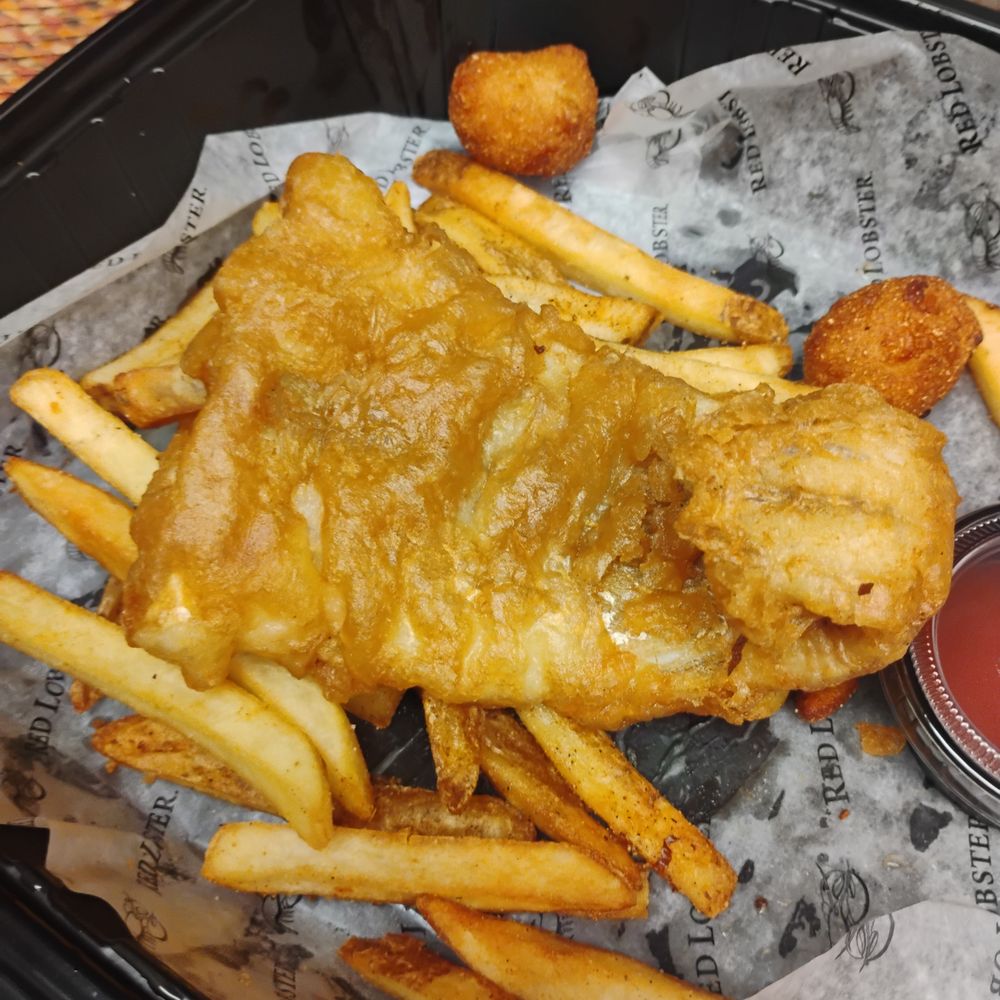 Red Lobster - Fish that looks like it's been sitting for hours was sent. Raw, French fries (8) in total 2 hush puppies for 27 dollars - Seafood Near Me - Liverpool, New York Red Lobster - Fish that looks like it's been sitting for hours was sent. Raw, French fries (8) in total 2 hush puppies for 27 dollars - Seafood Near Me - Liverpool, New York