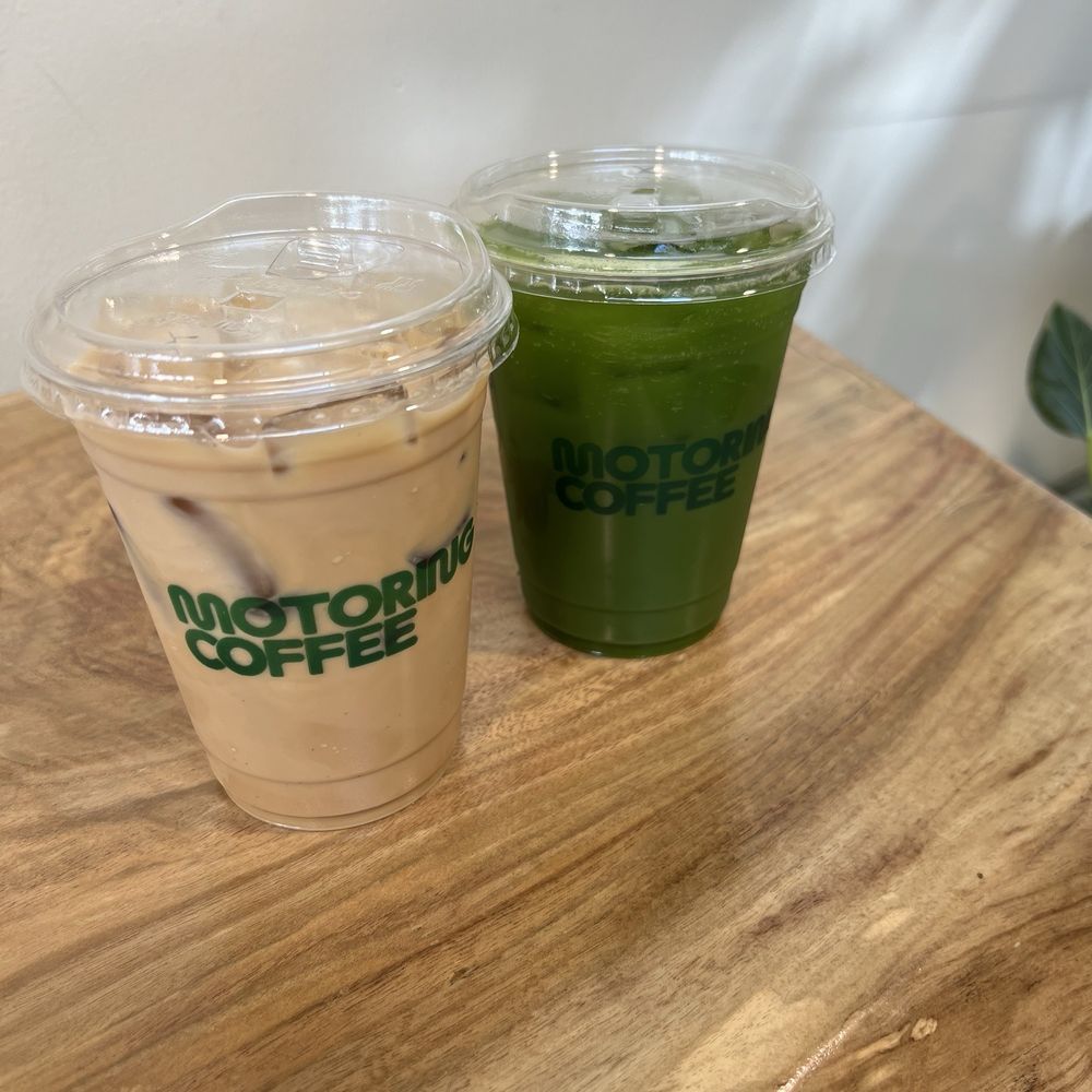 L: Vanilla latte, R: Outer sunset match cold brew L: Vanilla latte, R: Outer sunset match cold brew
