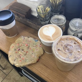 Ground Up Coffee - Two hot Vanilla lattes, M&Ms cookie and iced vanilla latte. - Coffee & Tea Near Me - Montebello, California