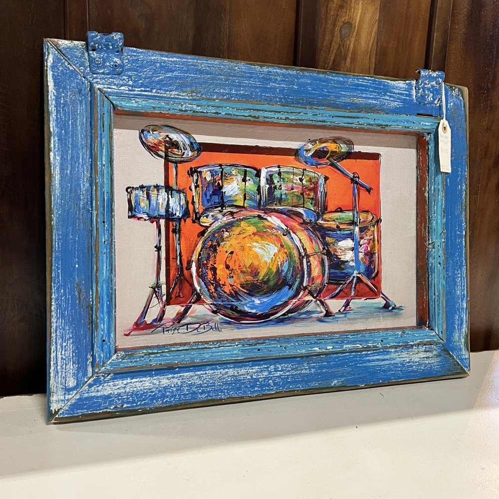 Disco Warehouse - Drum Kit in Blue salvaged screen sash. Artist, Paige DeBell - Furniture Stores Near Me - New Orleans, Louisiana Disco Warehouse - Drum Kit in Blue salvaged screen sash. Artist, Paige DeBell - Furniture Stores Near Me - New Orleans, Louisiana