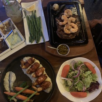 Serrano's Meat House - Ribeye and bacon wrapped shrimp with salad - Mexican Near Me - Puerto Vallarta, JAL