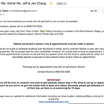 Maui Tattoo Company - Yep, they received my email and decided not to respond. Terrible customer service! - Tattoo Near Me - Kihei, Hawaii Maui Tattoo Company - Yep, they received my email and decided not to respond. Terrible customer service! - Tattoo Near Me - Kihei, Hawaii