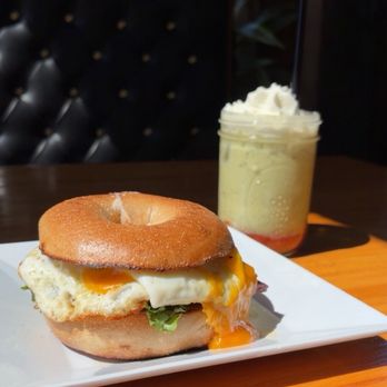 Bintliff’s Corner Brew - The main st breakfast bagel & strawberry matcha - Breakfast & Brunch Near Me - Gardiner, Maine