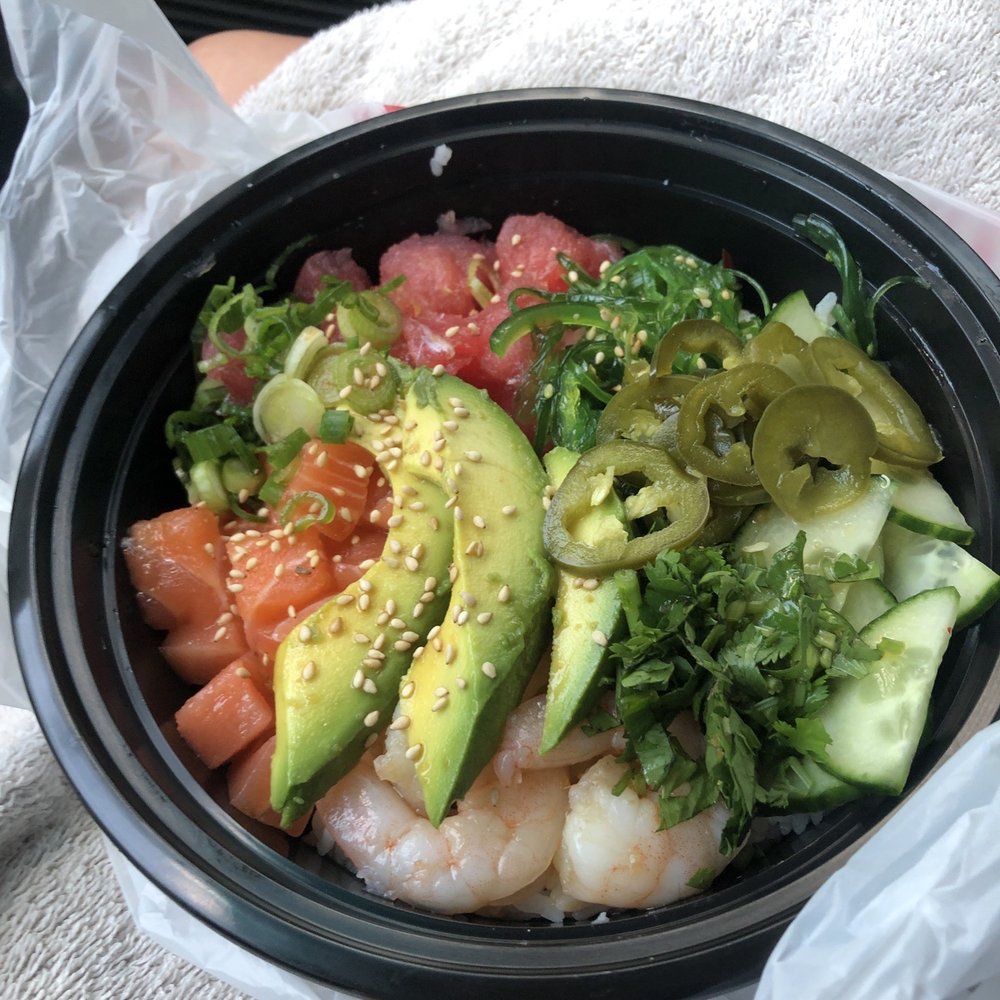 Matsumoto Samurai's Kitchen - Poke bowl with Salmon, tuna and shrimp, garnished with seaweed salad, cucumber, avocado, cilantro, green onions and jalapeños. - Food Trucks Near Me - Oakhurst, California Matsumoto Samurai's Kitchen - Poke bowl with Salmon, tuna and shrimp, garnished with seaweed salad, cucumber, avocado, cilantro, green onions and jalapeños. - Food Trucks Near Me - Oakhurst, California