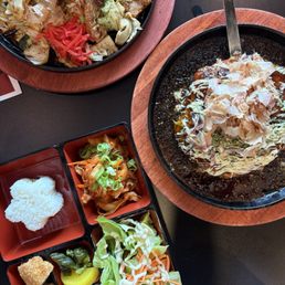 yakisoba, bento box, and okonomiyaki yakisoba, bento box, and okonomiyaki
