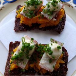 The Carlton Wine Room - Lunch time! Smoked eel on pumpkin and rye toast.