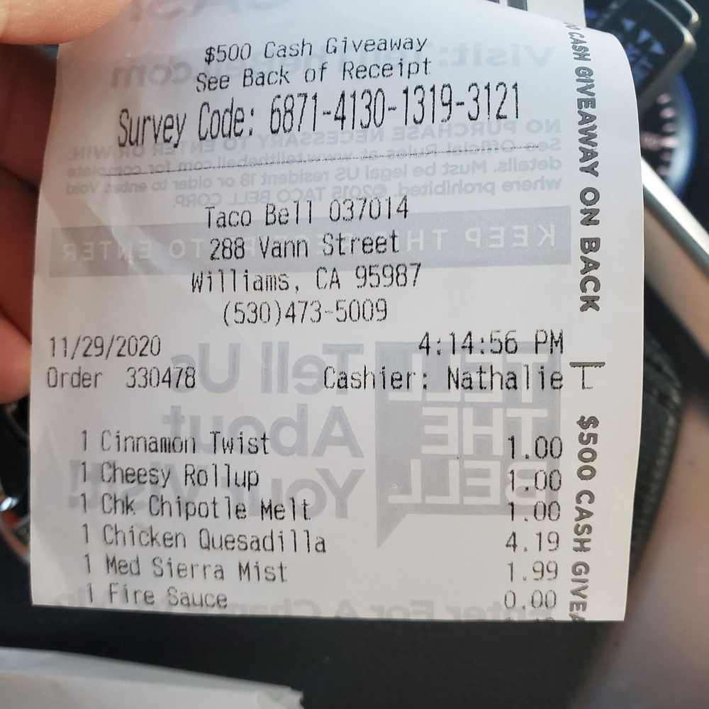 Taco Bell - Reciept - Fast Food Near Me - Williams, California Taco Bell - Reciept - Fast Food Near Me - Williams, California