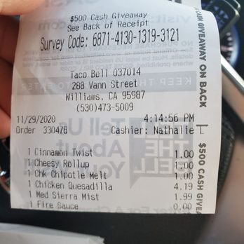 Taco Bell - Reciept - Fast Food Near Me - Williams, California