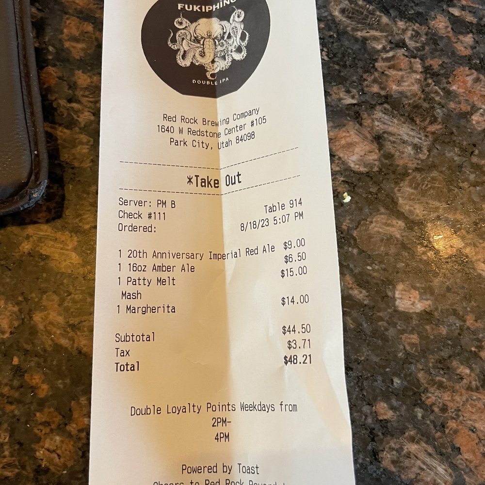 Cost example of a pizza, patty melt and two beers. Cost example of a pizza, patty melt and two beers.