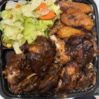 Ackee Bamboo - Jerk BBQ Chicken, rice & peas, Plantain, Steamed Cabbage - Caribbean Near Me - Los Angeles, California