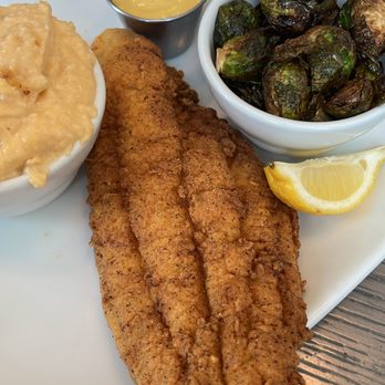 Big B’s Fish Joint - Louisiana Fried Catfish with crispy Brussel Sprouts and cheddar grits. - Seafood Near Me - Atlanta, Georgia