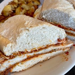 Mangia Mangia - Chicken Parmesan Sandwich slice in 2 to see the pounded, juicy chicken.