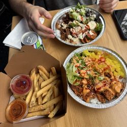K Plate Korean Street Food - Spicy Chicken Plate and Spicy Pork Plate with Fries