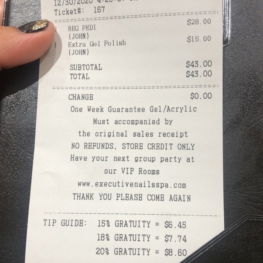 Executive Nails & Spa Copperfield - Receipt of first time visiting. Thank you John and Nina. Great customer service! - Day Spas Near Me - Houston, Texas Executive Nails & Spa Copperfield - Receipt of first time visiting. Thank you John and Nina. Great customer service! - Day Spas Near Me - Houston, Texas