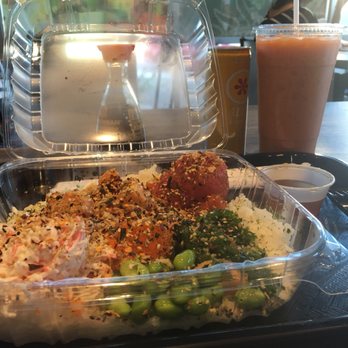 Ahipoki - Large poke bowl with Thai tea. - Seafood Near Me - Gilbert, Arizona Ahipoki - Large poke bowl with Thai tea. - Seafood Near Me - Gilbert, Arizona
