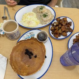 Biscuits and sausage gravy, home fries & blueberry pancakes!
