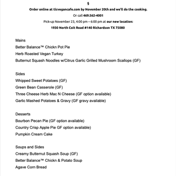 TLC Vegan Cafe - TLC Vegan Thanksgiving 2022 Menu - Cafes Near Me - Richardson, Texas TLC Vegan Cafe - TLC Vegan Thanksgiving 2022 Menu - Cafes Near Me - Richardson, Texas