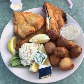 Surf Diner - Yummy! Flounder, hush puppies, coleslaw, and baby baked potatoes ( actually deep fried new potatoes) - Seafood Near Me - Surfside Beach, South Carolina Surf Diner - Yummy! Flounder, hush puppies, coleslaw, and baby baked potatoes ( actually deep fried new potatoes) - Seafood Near Me - Surfside Beach, South Carolina
