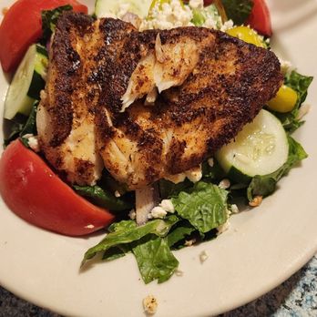 Lazy Days Restaurant - Large Greek salad with blackened grouper - Seafood Near Me - Islamorada, Florida Lazy Days Restaurant - Large Greek salad with blackened grouper - Seafood Near Me - Islamorada, Florida