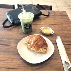 Black And White Coffee House - Egg and Cheese Croissant with Iced Matcha Latte with Lavender and Honey.