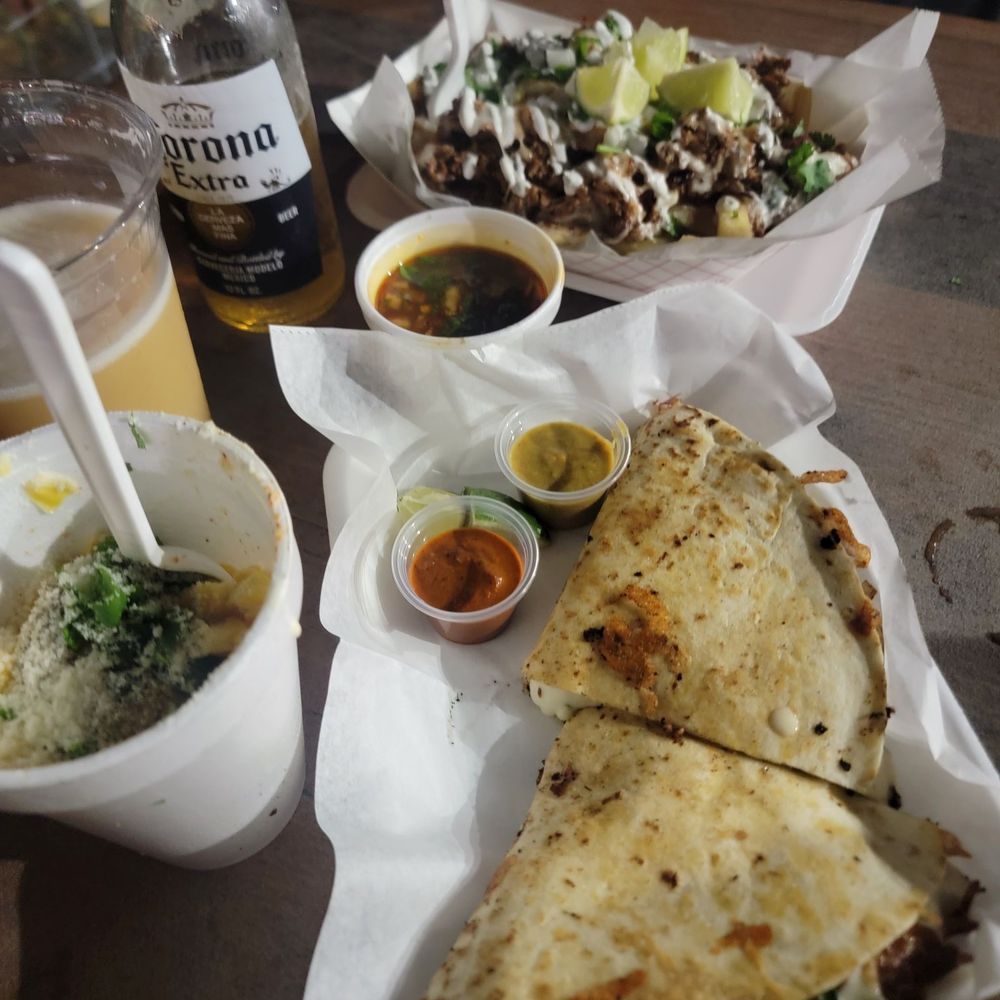 Quesadilla, birria fries and street corn. Quesadilla, birria fries and street corn.