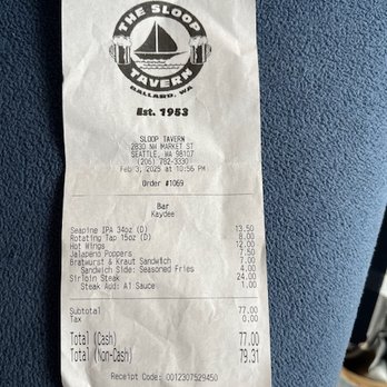The Sloop Tavern - Hefty tab, but we over ordered on purpose. - Pubs Near Me - Seattle, Washington The Sloop Tavern - Hefty tab, but we over ordered on purpose. - Pubs Near Me - Seattle, Washington