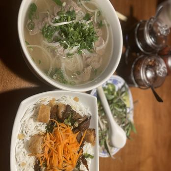 Mekong Authentic Vietnamese Cuisine - Beef pho and rice noodle bowl with pork and egg roll. - Vietnamese Near Me - Sandusky, Ohio