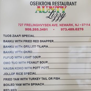 Oseikrom Restaurant - Aunty Lizzy - Displayed menu. Many more options available - African Near Me - Newark, New Jersey Oseikrom Restaurant - Aunty Lizzy - Displayed menu. Many more options available - African Near Me - Newark, New Jersey