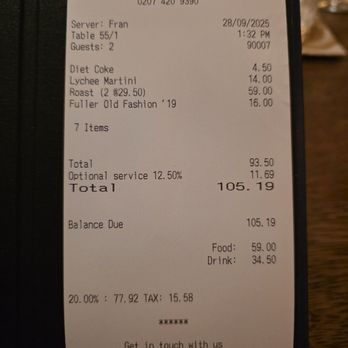 Hawksmoor Seven Dials - 2025-9-28 Receipt - British Near Me - London, XGL