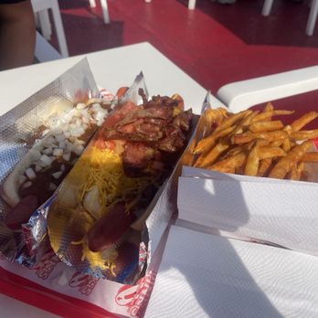 Pink's Hot Dogs - Classic and MVP with fries on side. - Hot Dogs Near Me - Los Angeles, California
