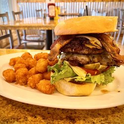 6 Klicks Cafe - Hickory smoke burger with double meat and tater tots